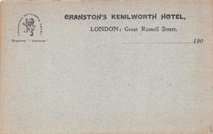 LONDON UK CRANSTONS KENILWORTH HOTEL~GREAT RUSSELL ST~CORRESPOND POSTCARD 1900s