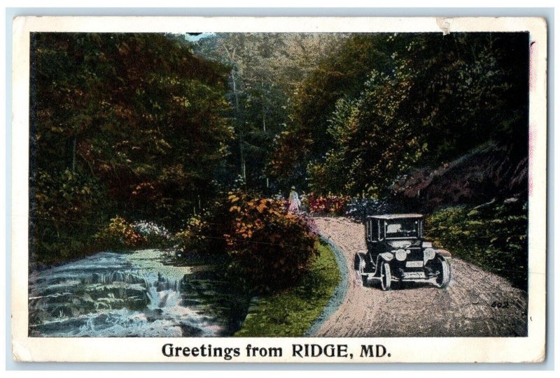 1919 Greetings From Ridge Maryland MD, Dirt Road Car Posted Antique Postcard
