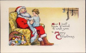 Christmas~SANTA SEATED IN OVERSTUFFED CHAIR w/ CHILD~TOYS~Antique Postcard~BLANK