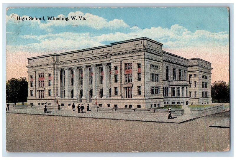 1915 High School Campus Building Student Entrance Roadside Wheeling WVA Postcard