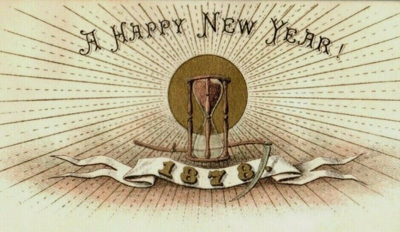 1878 Engraved New Year's Card Sun's Rays Hourglass Fabulous! P161