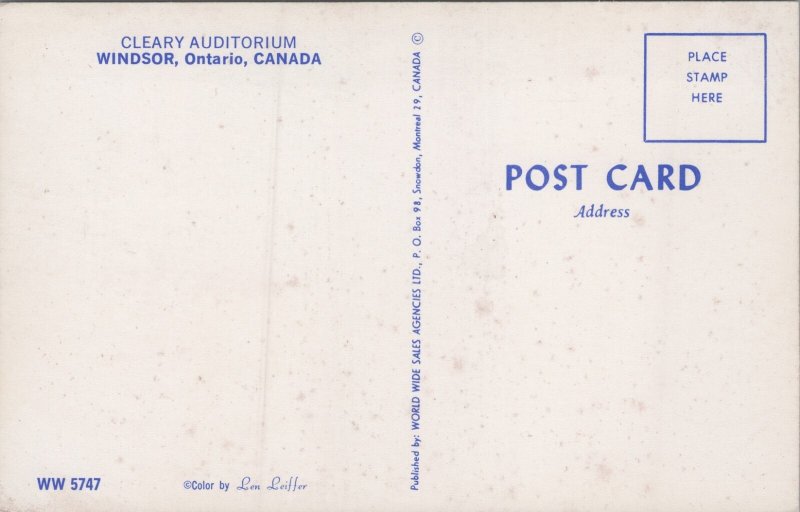 Canada Cleary Auditorium Windsor Ontario Postcard C373