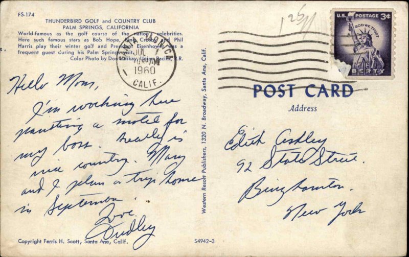 Palm Springs California CA Thunderbird Golf Country Club 1950s-60s Postcard
