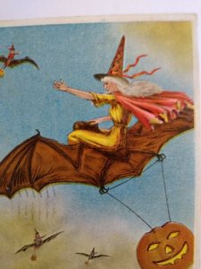 Vintage Halloween Postcard Anglo-American Series 876 Witch Flying On Devil Bat