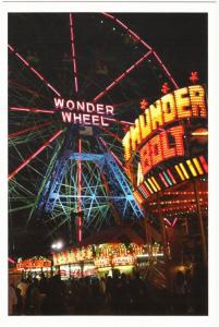 Coney Island Wonder Wheel and Thunder Bolt at Night NYC Postcard 2004