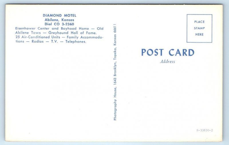 ABILENE, KS Kansas ~ Roadside DIAMOND MOTEL c1950s Dickinson County Postcard