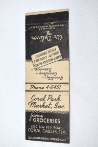 Coral Park Market Inc.  Coral Gables Florida 20 Front Strike Matchbook Cover