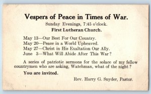 1917 Vespers Of Peace In Times Of War First Lutheran Church Schedule Postal Card