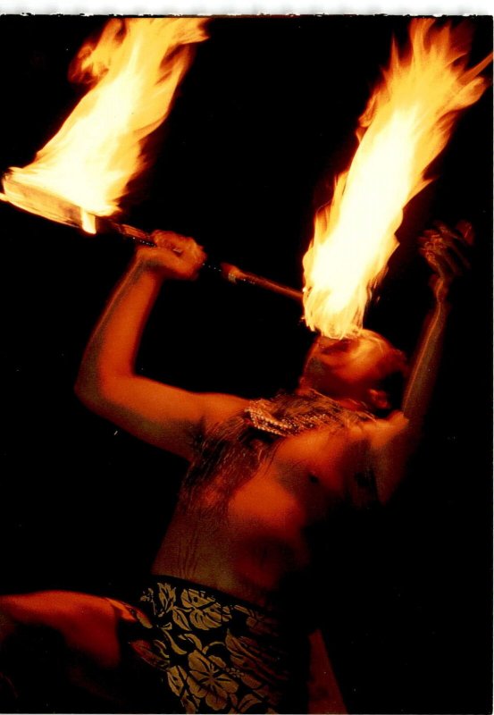 Polynesian, fire dancer, Hawaii, cultural show, performer, intense, exc postcard