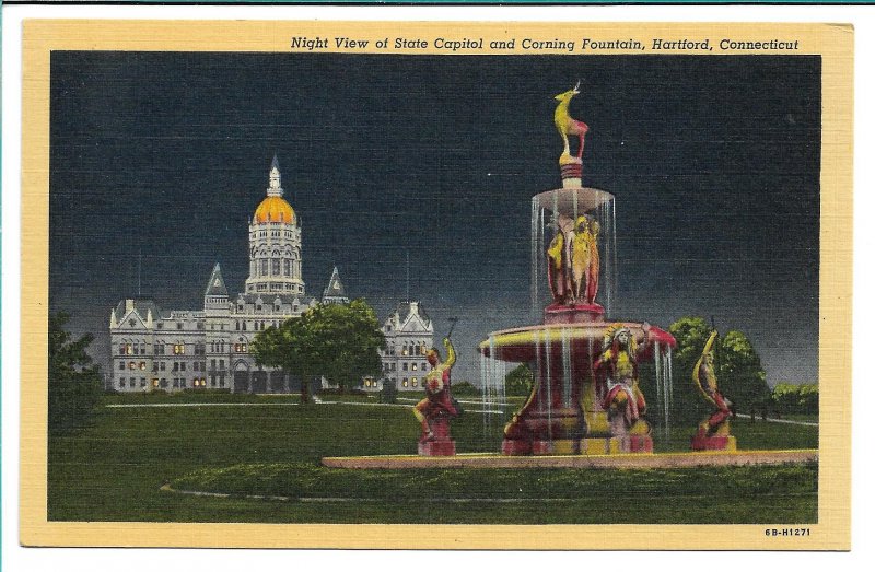 Hartford, CT - Night View of State Capitol and Corning Fountain