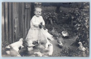 Cute Child Postcard RPPC Photo Feeding Birds Doves Pigeons c1910's Antique