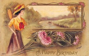 Cowgirl Woman & Rifle Birthday Greetings c1910s Embossed Vintage Postcard