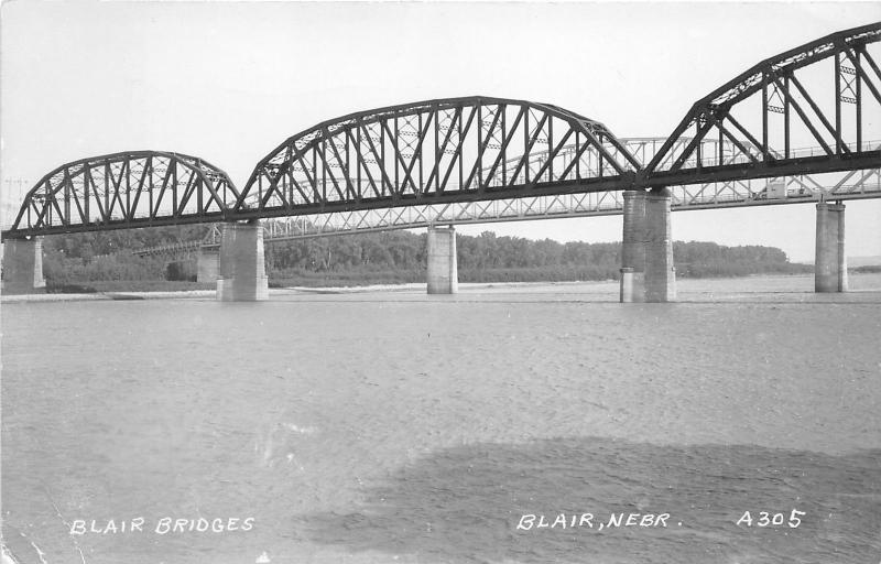 Blair Nebraska~2 Steel Bridges Spanning River~Note on Back~1947 RPPC-Postcard