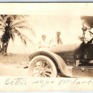 c1910s Overland Touring Car RPPC Man Lady Real Photo Postcard Palm Tree Vtg A126
