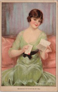 F. Earl Christy Artist Signed Woman Reading Letter Green Dress 1924 Postcard H58