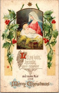 Merry Chrismas Let Us Join Hearts and Rejoice Embossed Postcard PC39