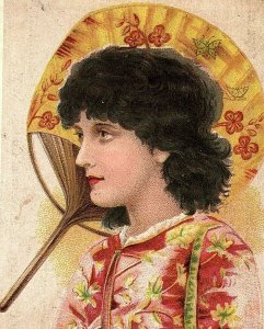 1880's Adams' Chewing Gum Trade Card Lovely Lady Fan Black Jack Sappota P145