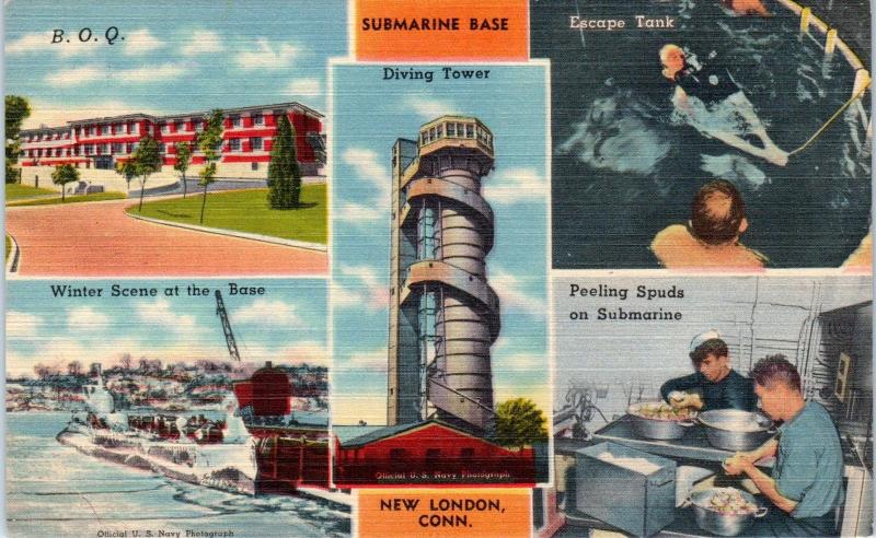 NEW LONDON, CT Connecticut   SUBMARINE BASE Multiview   c1940s Linen  Postcard