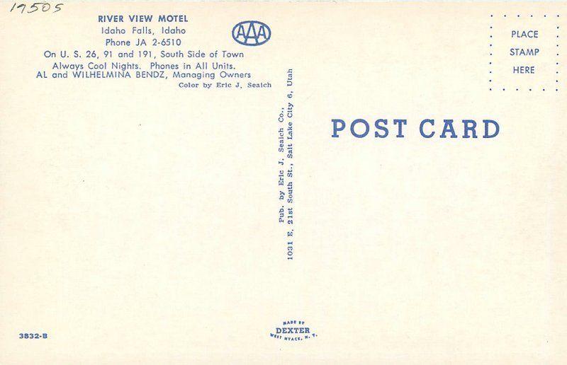 Autos 1950s Idaho Falls Idaho River View Motel roadside Seaich postcard 900