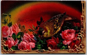 Best Wishes Bird And Pink & Red Roses Flowers Greetings Postcard