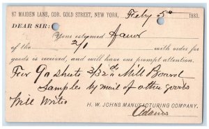 1883 87 Maiden Lane Cor. Gold Street New York City NY Clinton IA Postal Card 