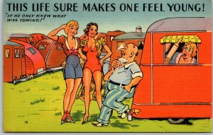 Vintage Linen Postcard Camping Risqué Humor UNUSED Good Coloring