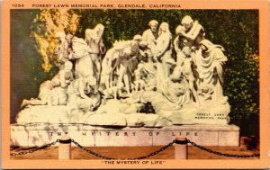Vtg Mystery Of Life Statue Forest Lawn Memorial Park Glendale CA Postcard