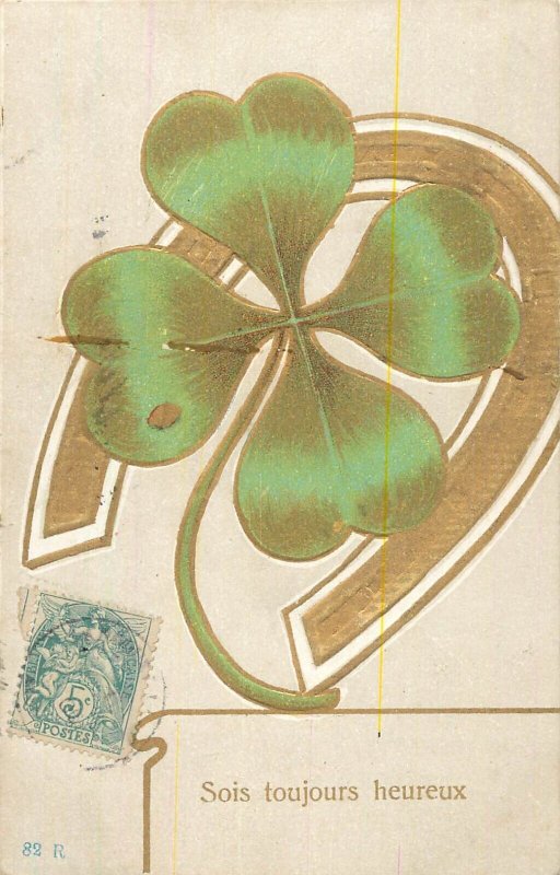 Embossed seasonal floral fantasy greetings shamrock horseshoe France