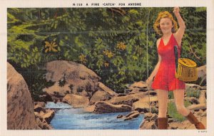 WOMEN FISHING-SURF & TROUT~LOT OF 2 1940s POSTCARD