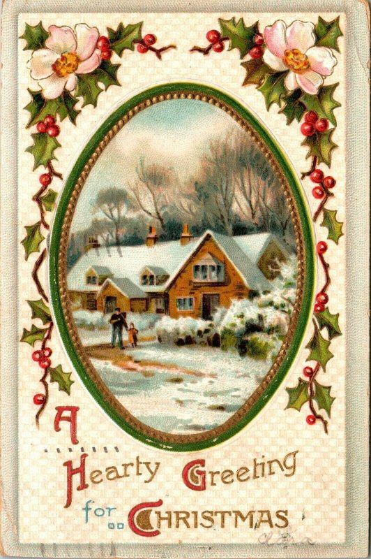 1910 CHRISTMAS VINTAGE POSTCARD - HEARTY CHRISTMAS WISHES - INTERNATIONAL ART 