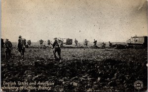 Vtg English Tanks & American Infantry in Action France WWI Miltary Postcard