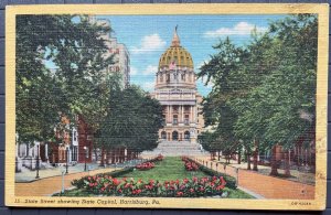 Vintage Postcard 1948 State Street showing State Capitol Harrisburg Pennsylvania