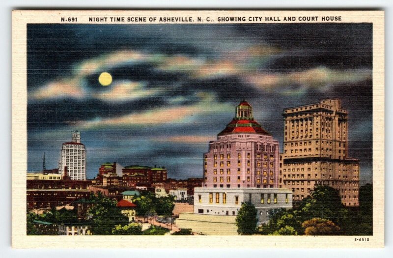 Night Time Scene Of Asheville North Carolina Linen Postcard Unused City Hall NC