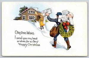Christmas ART DECO~Mailman Comes Waving Late Package~Woman @ Home~1920s