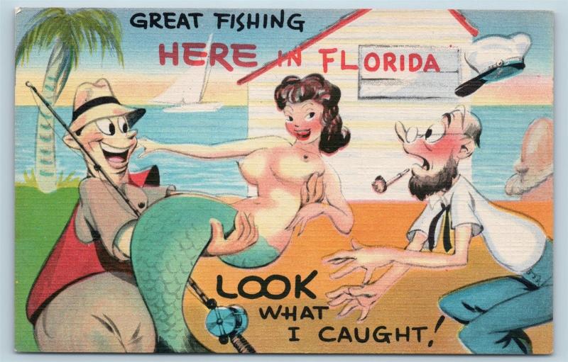 Postcard FL Great Fishing Here in Florida Nude Topless Mermaid Humor Linen  N1 | United States - Florida - Other, Postcard