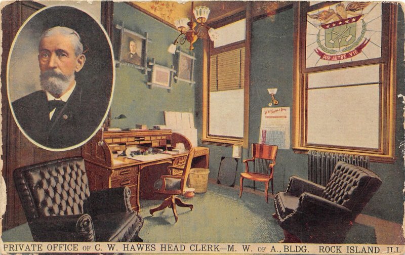 F88/ Rock Island Illinois Postcard 1911 C.W. Hawes Private Office Interior