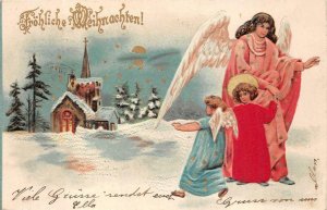 CHRISTMAS HOLIDAY ANGELS SWITZERLAND TO USA EMBOSSED SILK NOVELTY POSTCARD 1901