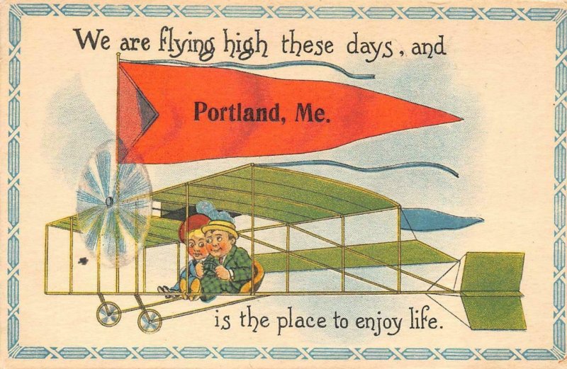 PORTLAND, Maine ME   PENNANT GREETINGS  Couple In Vintage Airplane  ART Postcard