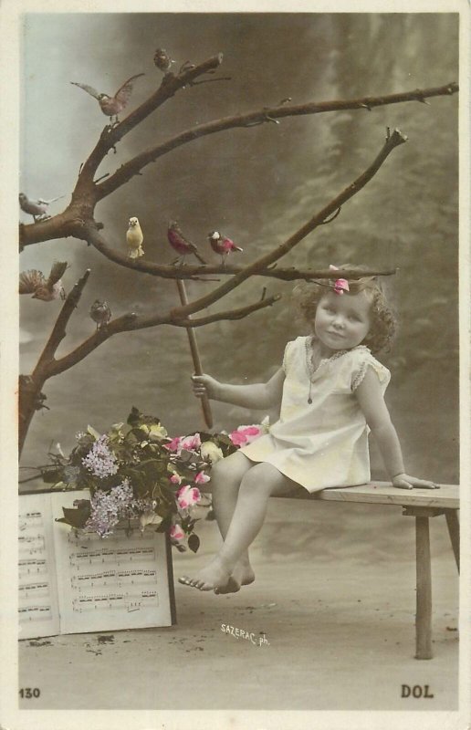 fantasy Postcard young girl curly hairstyle bird orchestra leader