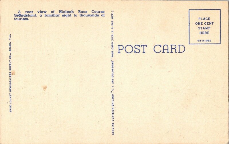 Beautiful Hialeah Race Course Florida FLA Grandstand Postcard UNP Unused Vintage 