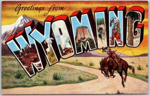 Large Letter Greetings From Wyoming Cowboy Farmland Attractions Postcard