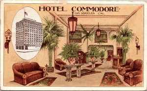 Hotel Commodore Lobby & Building Los Angeles California CA Postcard c1920s