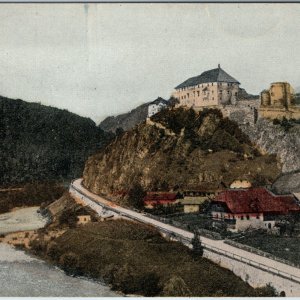 c1908 View of Sonnenburg Castle Postcard Swiss Alps Mountain River Fortress Road
