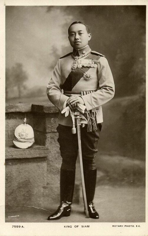 siam thailand, King Rama VI Vajiravudh in Uniform, Medals (1910s) Rotary RPPC