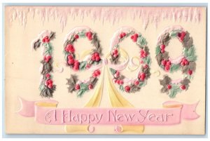 1909 Happy New Year Large Numbers Covered Holly Berries Embossed Postcard