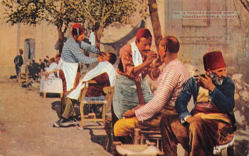CONSTANTINOPLE TURKEY BARBER SHOP POSTCARD (c. 1910)