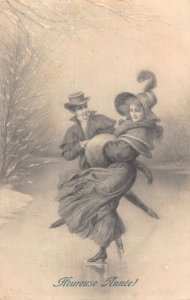 A112 New Year Greetings 1910 Couple Skiing Romance Winter Landscape postcard