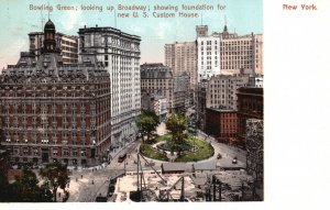 Vintage Postcard 1907 Bowling Green Looking Broadway New US Custom House NY