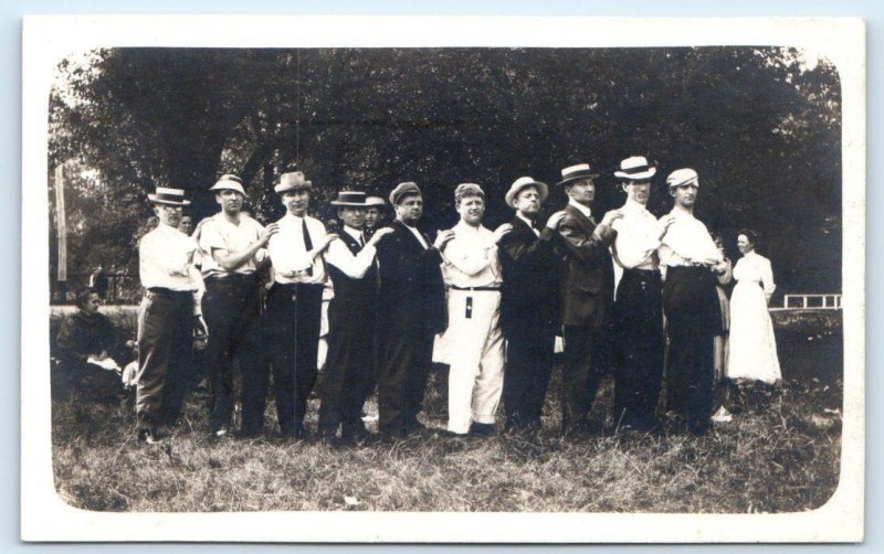 RPPC LINE of 10 MEN POSING ~ All With HATS ON c1910s  Postcard