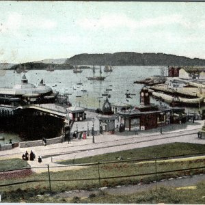 1906 Plymouth England Promenade Pier Postcard Destroyed Clock Tower Ships Harbor